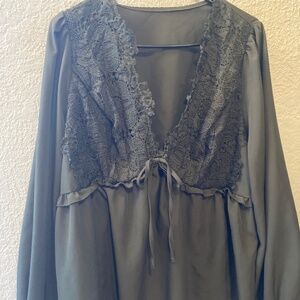 Shein plus size 2xl blouse olive green long sleeve with lace front